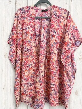It’s Pink Chiffon Sheer Boho Watercolor Floral Open-Front Kimono Coverup ~ OSFM